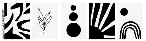 collection of modern simple monochrome abstract illustrations: geometric shapes (hand drawn), sun and plant silhouette on a beige background