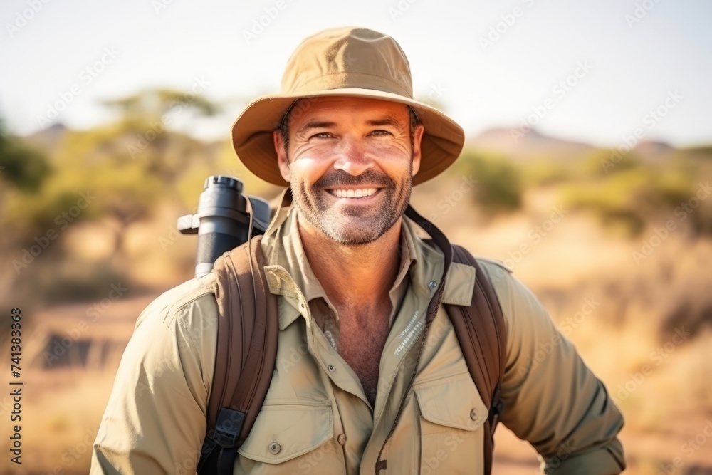 Portrait of a happy hiker with binoculars in the countryside