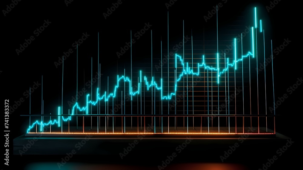 An illuminated neon sign displaying an ascending stock graph against a dark background, signifying market growth.
