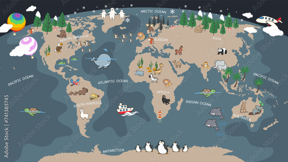 custom made wallpaper toronto digitalThe world map with cartoon animals for kids, nature, discovery and continent name, ocean name, vector Illustration.
