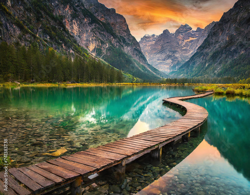 Scenic view of a wooden walkway over a tranquil lake with majestic mountains in the background at sunset.