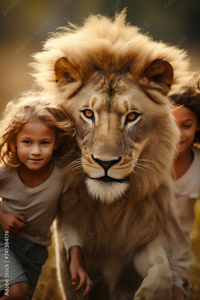Fototapeta premium Gentle Moment Between a Child and a Majestic Lion. Generative ai