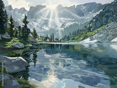 contemporary art, alpine lake, god rays, reflections, greens and blues and gray, action shot photo