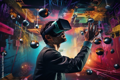A man uses virtual reality glasses and interacts with neon holographic data. Metaverse, a futuristic cyber game concept.