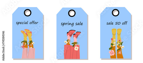 Vector set of discount price tags. Labels with Female legs in boots. Cool footwear with flowers. Spring sale.