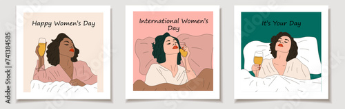 International Women's Day. A set of greeting cards with women drink a glass of wine in bed	