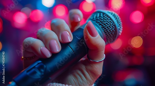 Close-up of a Dynamic Performance Microphone in Hand. Generative ai