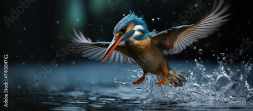 Kingfisher birds fly to hunt fish above the river water, hunting fish © gufron