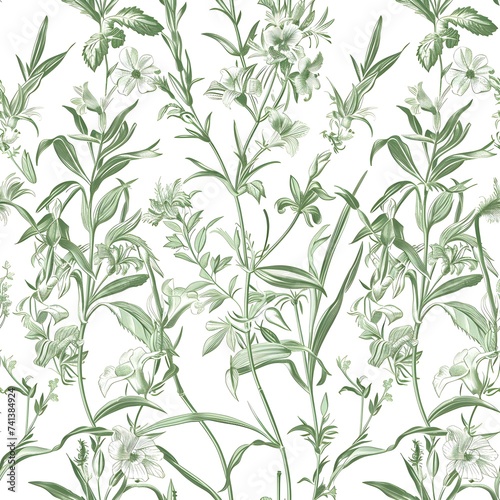 elegant freesia toile de jouy inspired pattern, irish flora and fauna, delf sage green and white, on white background. Seamless Pattern