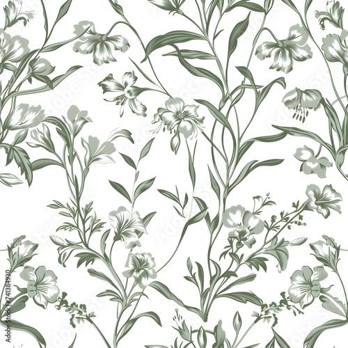 elegant freesia toile de jouy inspired pattern, irish flora and fauna, delf sage green and white, on white background. Seamless Pattern