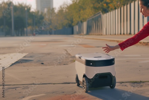 person directing a delivery robot to a safe dropoff spot photo
