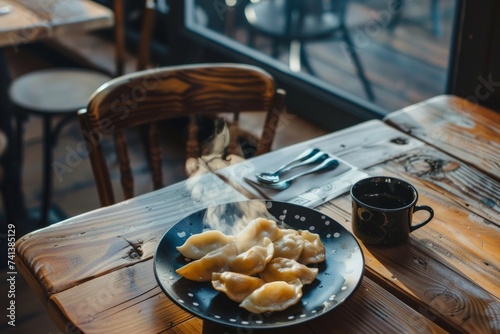 In a trendy cafe, traditional steamed pierogi dumplings sit on a wooden table, flat tay