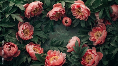 Template for greeting card, peony flowers and leaves frame with central copy space in background image © Aliaksandra