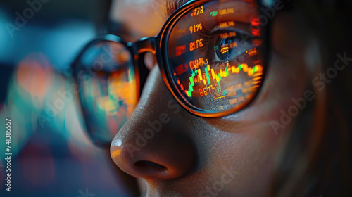 Close-up of a traders hands typing on a laptop with stock exchange graphs reflecting in the glasses symbolizing focused analysis photo
