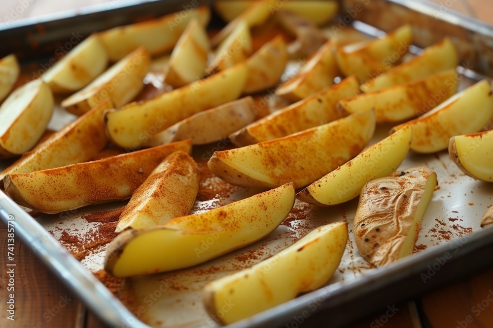 tray with spiced potato wedges ready for baking tray with spiced potato wedges ready for baking