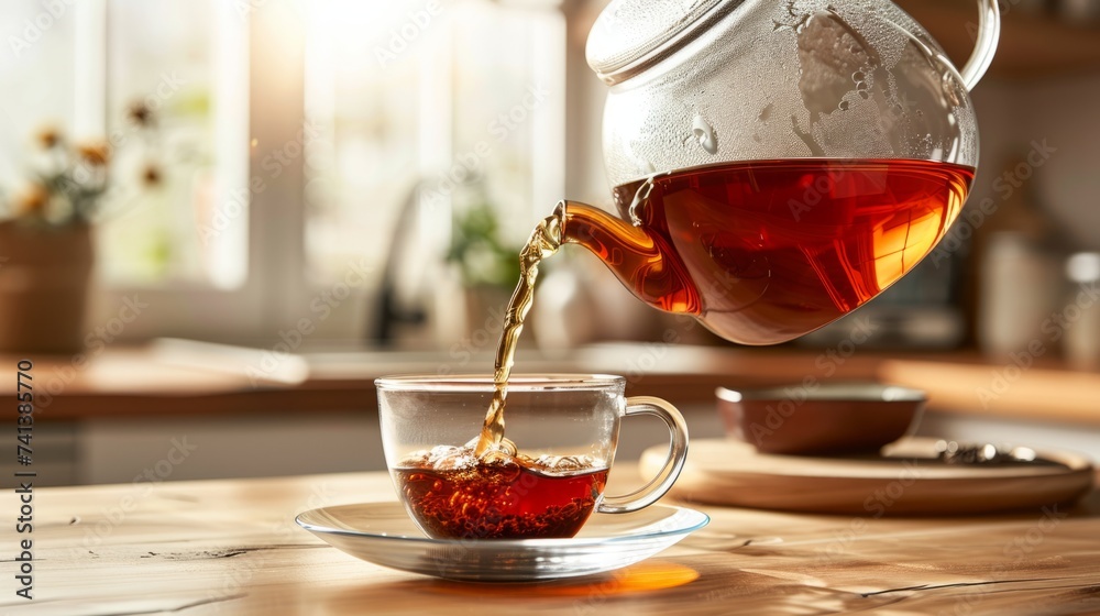 Fresh steaming Rooibos tea poured from teapot to glass cup with bright kitchen background Fresh steaming Rooibos tea poured from teapot to glass cup with bright kitchen background