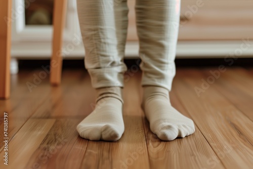 feet in bamboo fabric socks standing on a hardwood floor