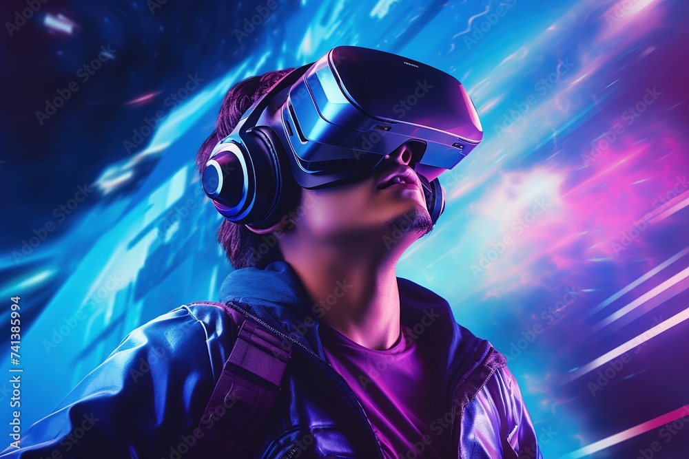 A man uses virtual reality glasses and interacts with neon holographic data. Metaverse, a futuristic cyber game concept. A man uses virtual reality glasses and interacts with neon holographic data. Metaverse, a futuristic cyber game concept.