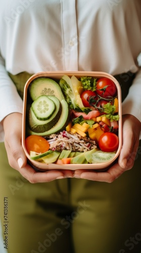 Close-up of a woman's hand holding a lunch box with fresh vegetables, berries, nuts and fruits. Organic, Vegetarian, healthy food in a container, Balanced diet, Healthy lifestyle concept.