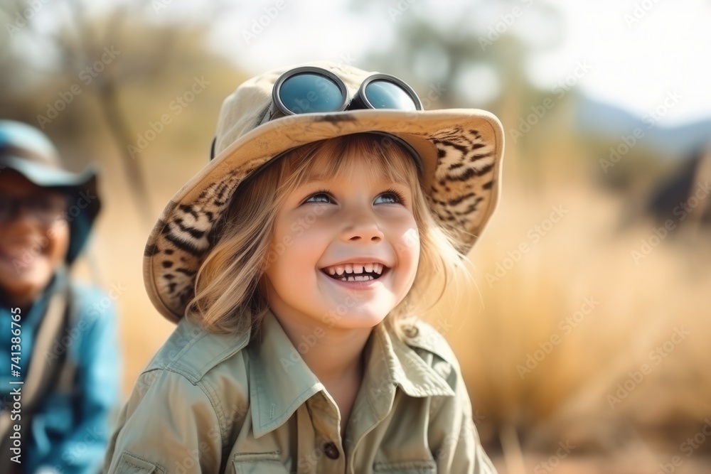 Cute little girl wearing safari hat and sunglasses smiling at camera Cute little girl wearing safari hat and sunglasses smiling at camera