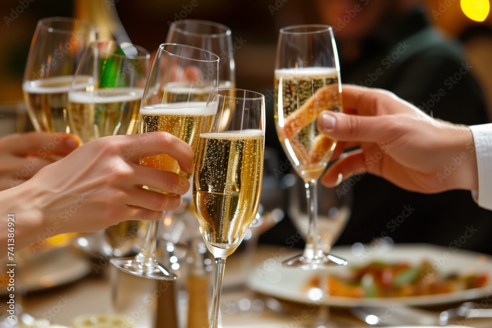 friends toasting with glasses of champagne at a grand dinner setting