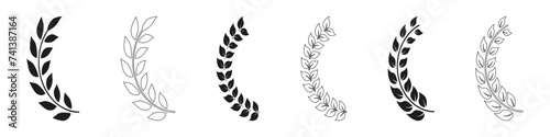 Laurel Wreath In Half Circle Shape Line and Silhouette Icon Set. Natural Heraldic Black Decoration Collection. Olive Leaf Ornate, Vintage Tree Branch, Floral Border. Isolated Vector Illustration