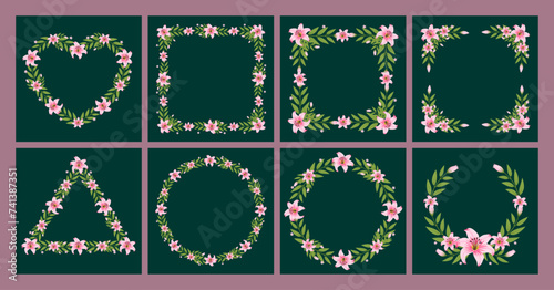 Vector shape of pink lily flowers frame, Floral border box label of wreath ivy style with branch and leaves.