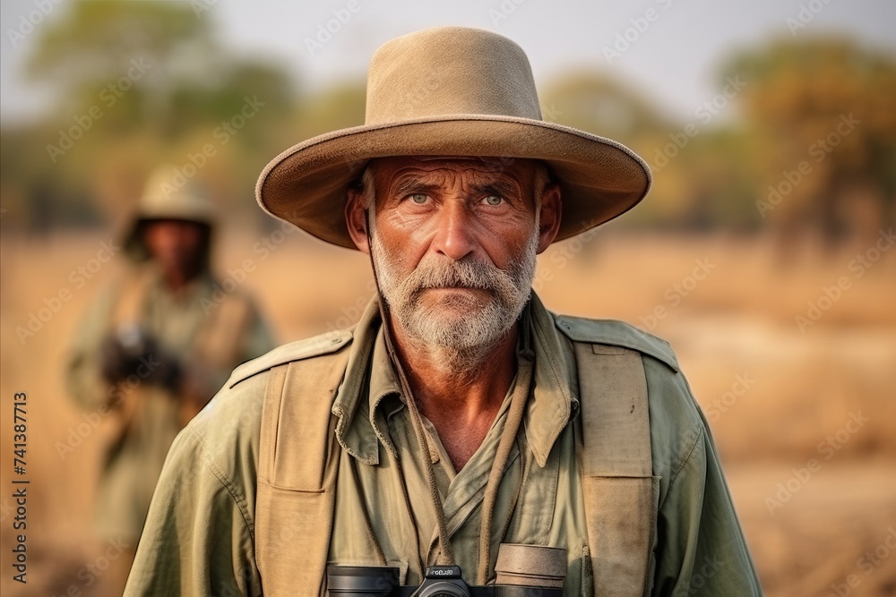 Portrait of a senior man in safari hat with binoculars Portrait of a senior man in safari hat with binoculars