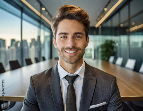 Confident businessman smiling in modern office setting with cityscape background. © Tim Bird