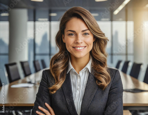 Confident businesswoman smiling in a modern office setting with cityscape background. © Tim Bird