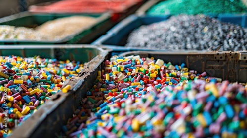 Close-up of recycling plastic into small plastic pellets, plastic recycle concept.