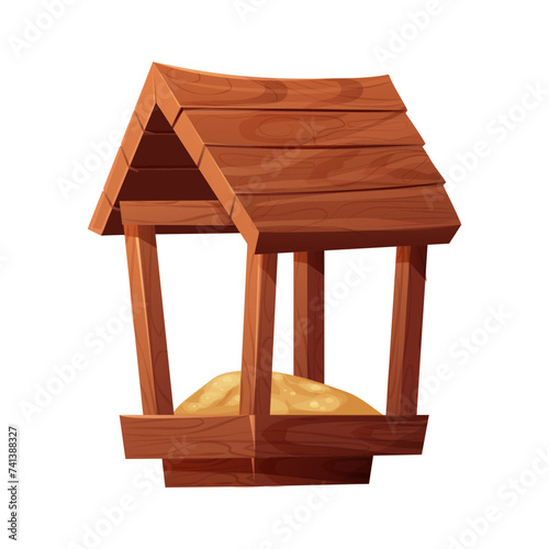 Wooden bird feeder with roof and seeds inside isolated on white background. Hanging construction, bird care.