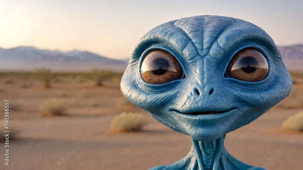 Portrait of an alien with big eyes against a desert background Portrait of an alien with big eyes against a desert background
