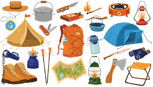 Camping, hiking items set. Tourism and adventure accessories. Summer travel and picnic stuff. Holiday backpack, campfire, hiking shoes, tents, lanterns, burners, axe, map, knives. Vector illustration