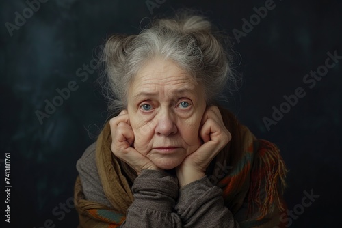 elderly gray-haired woman posing very seriously in front of the camera
