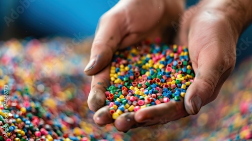 Close-up of recycling plastic into small plastic pellets, plastic recycle concept.