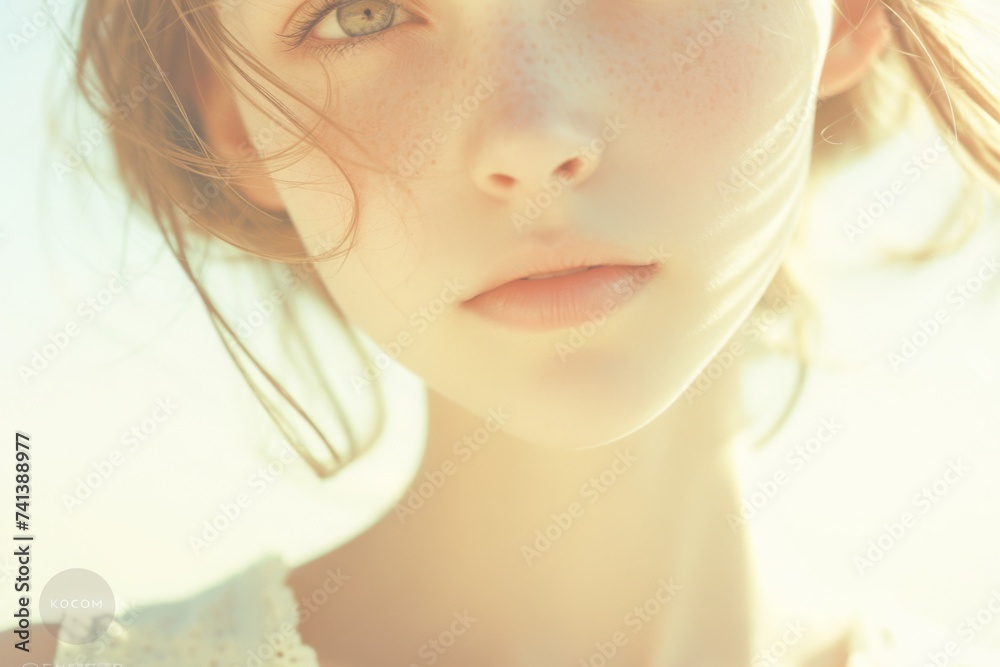 Close-up portrait of a young woman holding a shell, with a soft focus on her eyes, symbolizing natural beauty and serene youthfulness
