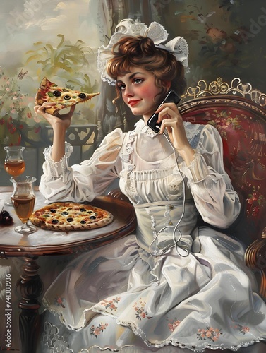 victorian women in elegant big dress talking on the phone while eating pizza, vintage oil painting style photo