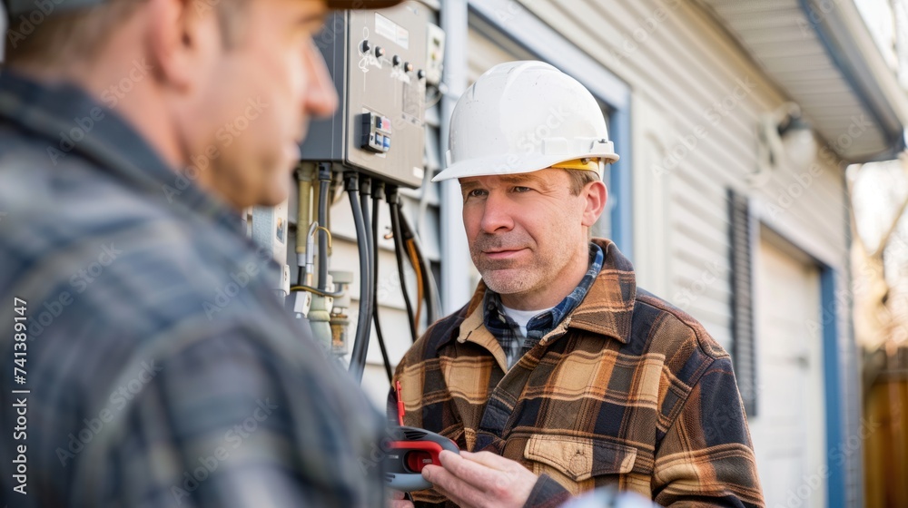 Homeowner and electrician discussing the best location for an EV charger install, smart home and technology EV car concept. Homeowner and electrician discussing the best location for an EV charger install, smart home and technology EV car concept.
