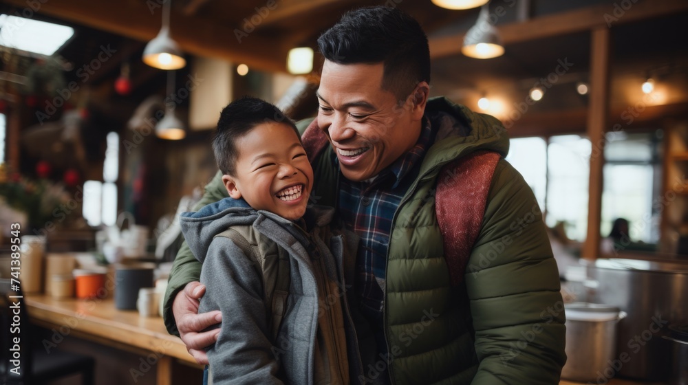 Young man with down syndrome celebrating success with his mentoring friend indoors at school