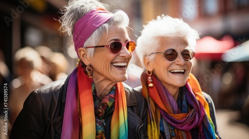 Elderly lesbian couple walking down the street
