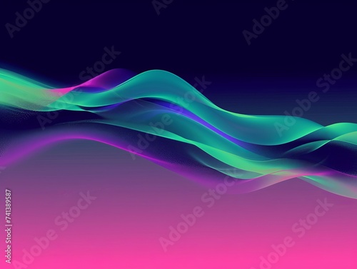 A background of cyan and purple neon sound waves on a dark blue background. Wave background for technology theme design. Invitation, gift card, book cover. Created with Generative AI.