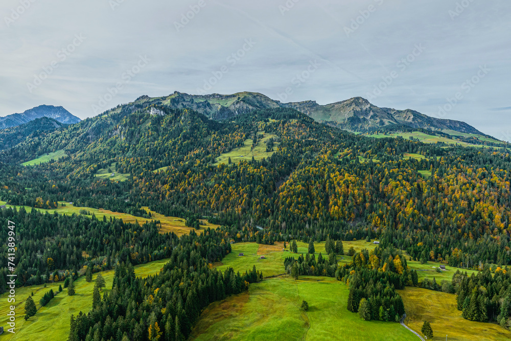 Obraz premium Blick in die herbstlichen Berge bei Sibratsgfäll im Naturpark Nagelfluhkette in Vorarlberg