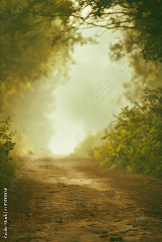 Foggy rural dirt path. Moody early morning hues. Empty dirt road. Forest path. Dirt way in the woods. lush green colors. Bright focal point. Perspective path. Cinematic lighting. Foggy, misty.