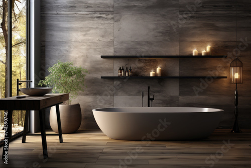 Modern luxury bathroom dark design. Panoramic windows. The concept of hygiene and spa procedures.