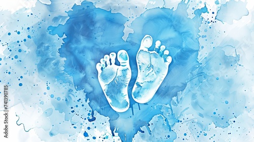 Pregnancy announcement concept illustration. Baby gender reveal concept illustration. Watercolor imitation heart with baby footprints. Blue colored - for baby boy. photo