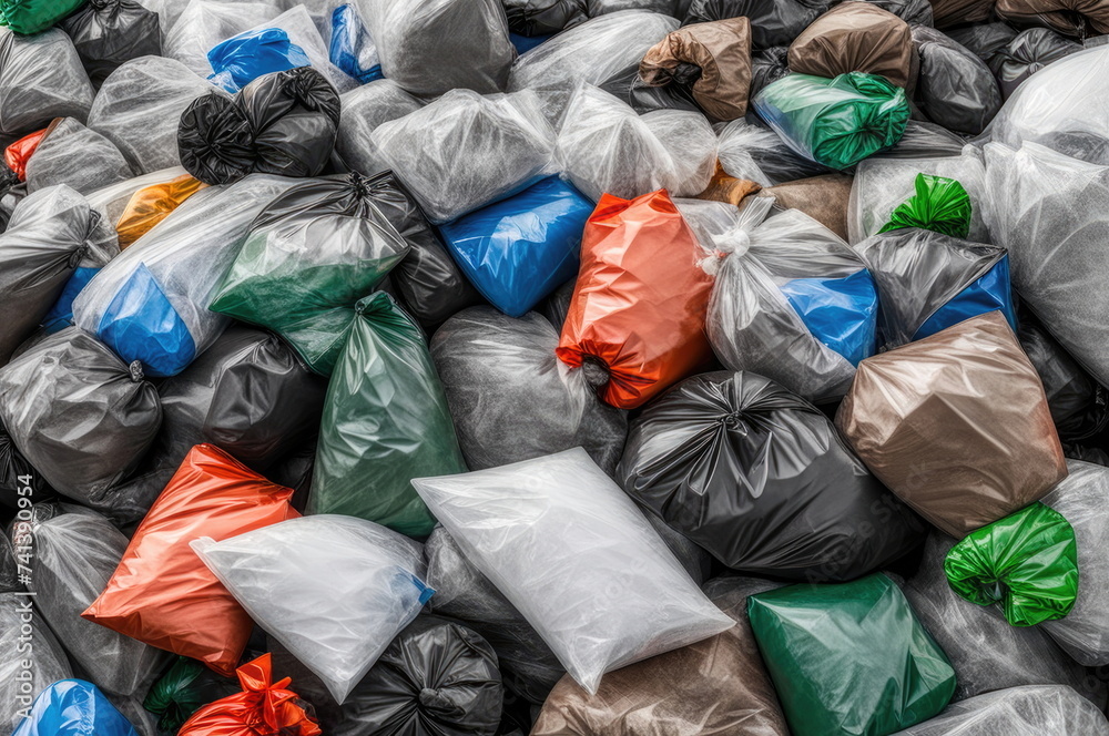 Plastic Garbage Bags Piled in Environmental Waste Concept Plastic Garbage Bags Piled in Environmental Waste Concept