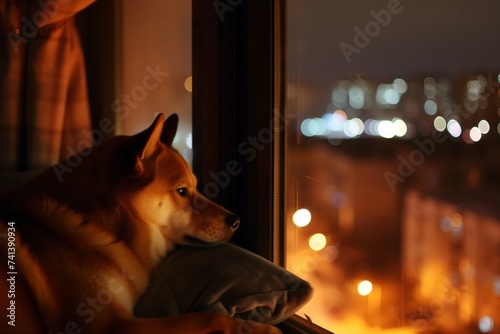 content dog in warm room, chilling nocturnal city outside