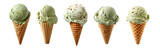 Pistachio ice cream cones isolated on white transparent, PNG