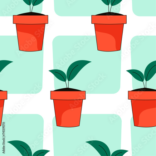 Seamless pattern. Gardening. Plant in the pot. Vector graphic.